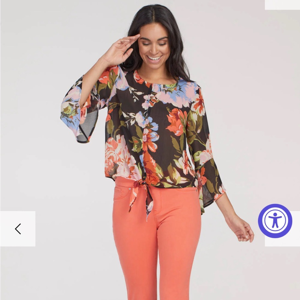 Tribal Jeans Chiffon Blouse with Bell Sleeves and Front Tie, M